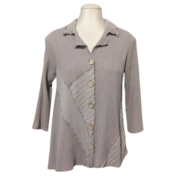 Fenini Art to Wear Shirt Jacket Taupe Asymmetric Hem Button Cardigan Medium - Picture 1 of 7